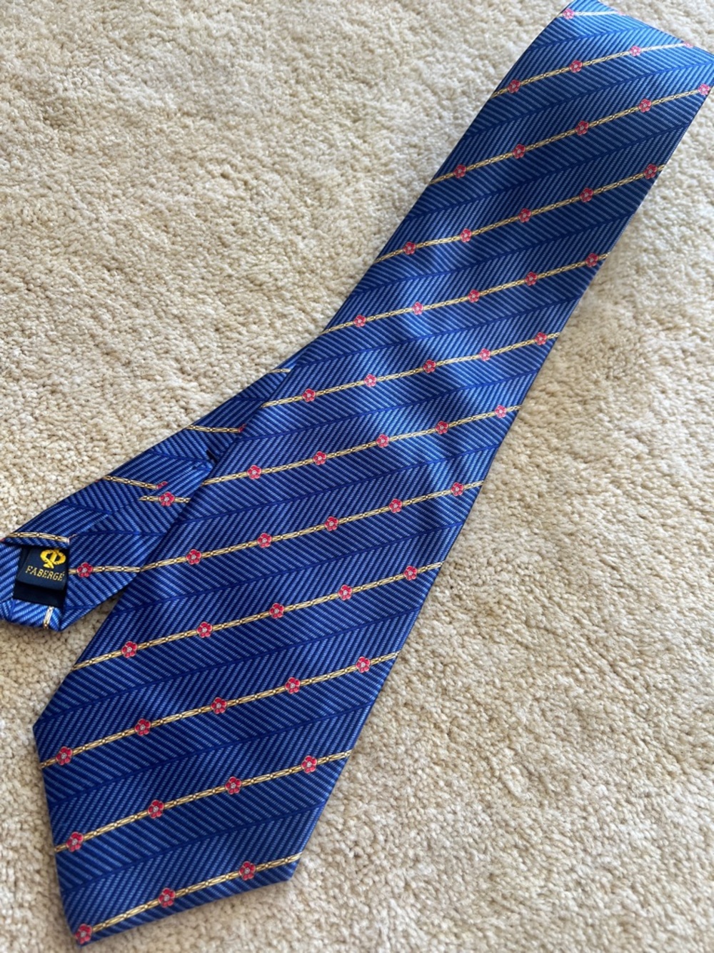 Faberge Navy Blue Silk Tie with Gold Stripe and Red Rosettes